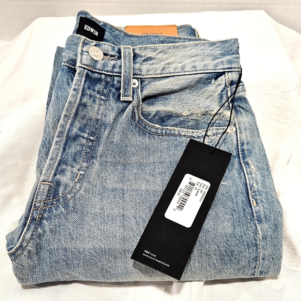 NWT Edwin 1947 Distressed Straight Jeans Size 24 Light Wash 100% Cotton